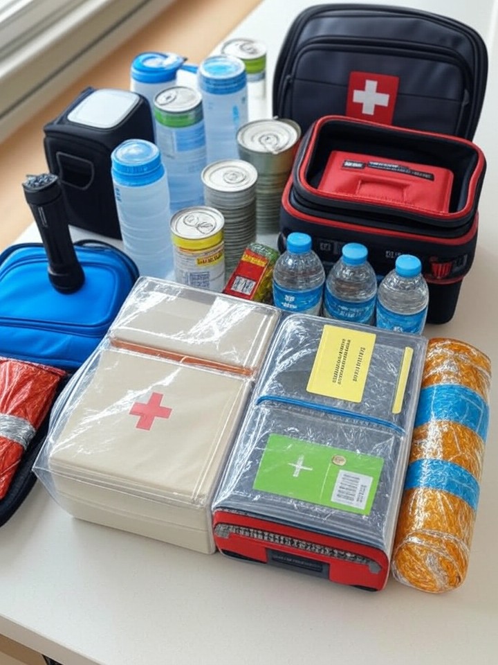 Emergency preparedness kit for apartments with flashlight, first aid kit, water, and supplies