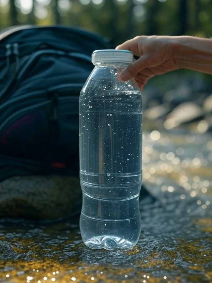 Portable water filter filtering stream water into bottle for travel