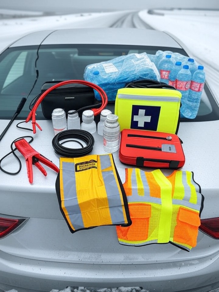 Car emergency kit with jumper cables, flashlight, blanket, and first aid on snowy highway